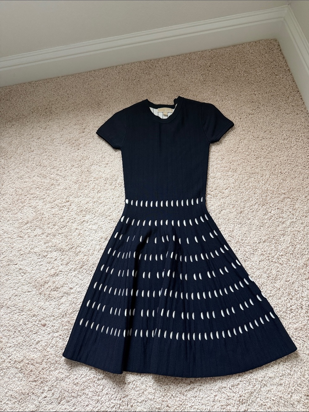 Michael Kors Navy Short-Sleeve Midi Dress with White Eyelet Accents